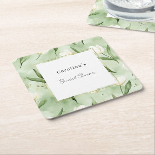 Pretty Green White Tulip Flowers Bridal Shower Square Paper Coaster
