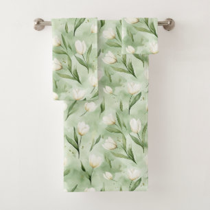 Pretty Green White Tulips Bath Towel Set