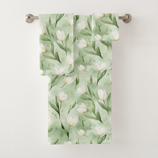 Pretty Green White Tulips   Bath Towel Set (Insitu)