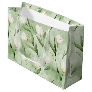 Pretty Green White Tulips Bridal Shower Large Gift Bag