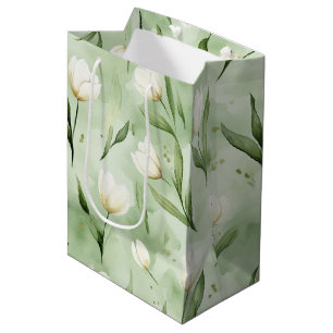 Pretty Green White Tulips Bridal Shower Medium Gift Bag