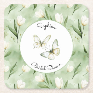 Pretty Green White Tulips Bridal Shower Square Paper Coaster
