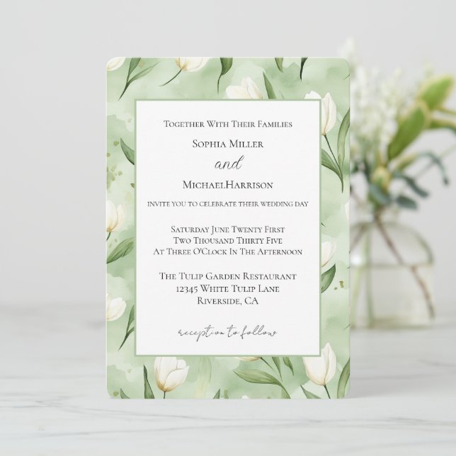 Pretty Green White Tulips Wedding Invitation (Standing Front)