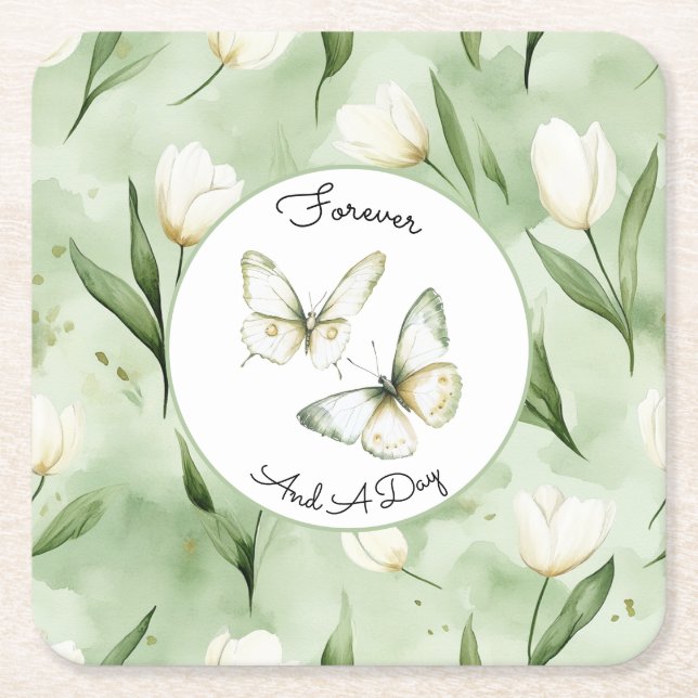Pretty Green White Tulips Wedding Square Paper Coaster (Front)