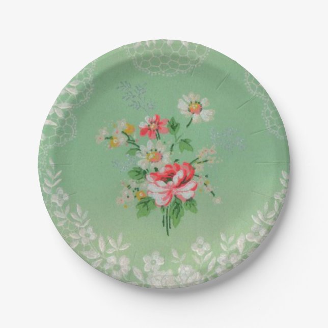 Pretty green with pink floral wallpaper plates (Front)
