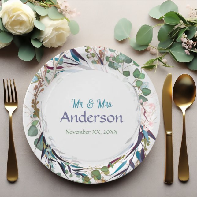 Pretty Greenery Purple Teal Gold Paper Plate (Creator Uploaded)