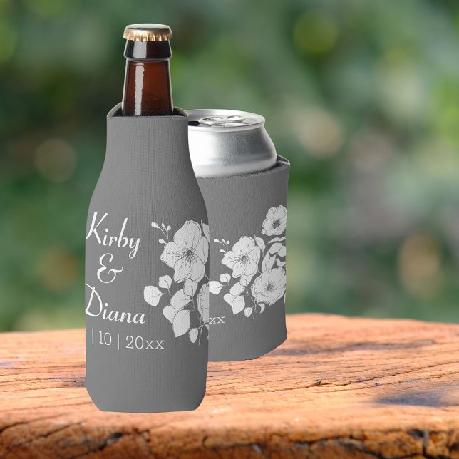Pretty Grey and White Floral Wedding  Bottle Cooler (Available for bottles, standard can and seltzer cans! Great wedding party gift idea)