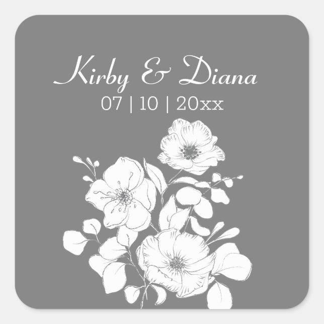 Pretty Grey and White Floral Wedding  Square Stick Sticker (Front)