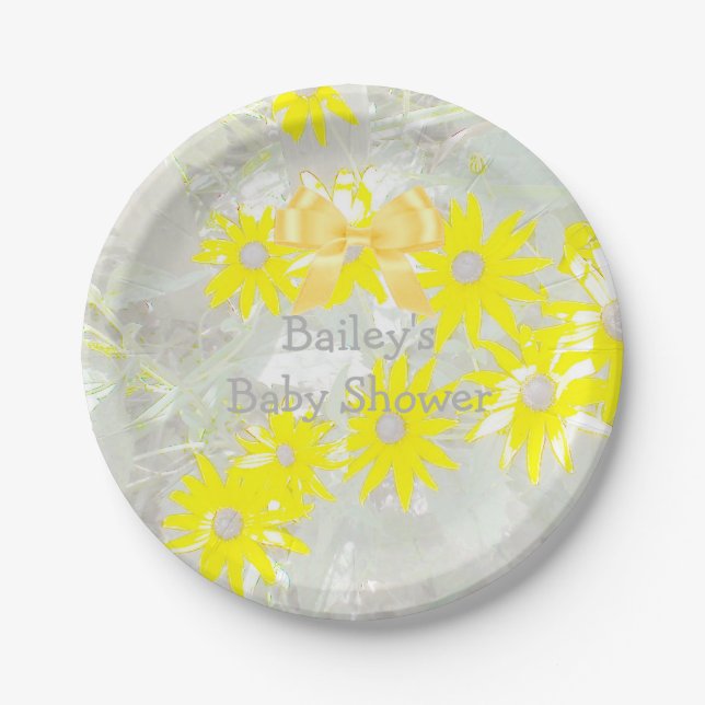 Pretty Grey and Yellow Daisy Paper Plates (Front)