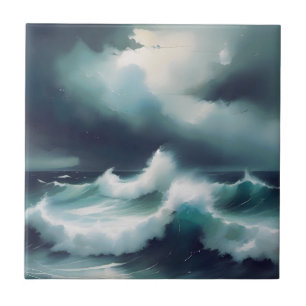 Pretty grey Blue Ocean waves watercolor painting Ceramic Tile