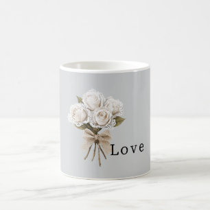 Pretty Grey Faux Lace White Roses Floral Coffee Mug