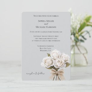 Pretty Grey Faux Lace White Roses Floral Wedding Invitation