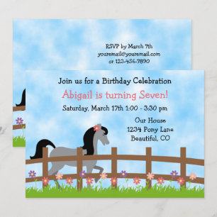 Pretty Grey Horse and Flowers Girl's Birthday Invitation
