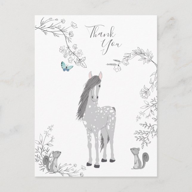 Pretty Grey Horse, Squirrels and Flowers Thank You Postcard (Front)