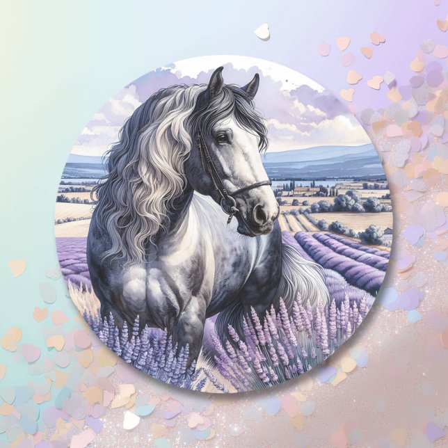 Pretty Grey Horse Standing in Lavender Classic Round Sticker (Creator Uploaded)