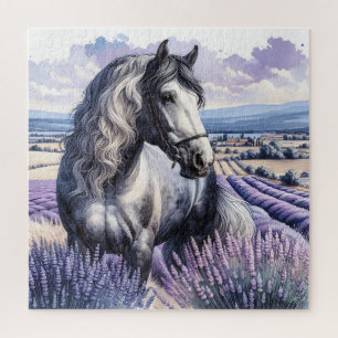 Pretty Grey Horse Standing in Lavender Jigsaw Puzzle