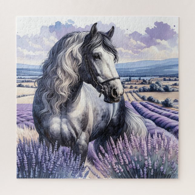 Pretty Grey Horse Standing in Lavender Jigsaw Puzzle (Vertical)