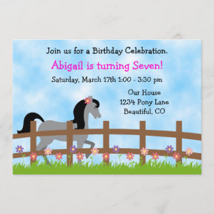 Pretty Grey Horse with Flowers Birthday Invitation