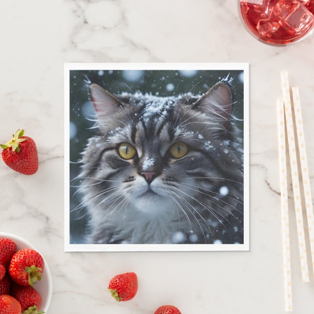 Pretty Grey Tabby Cat in Snowstorm  Napkin (Insitu)