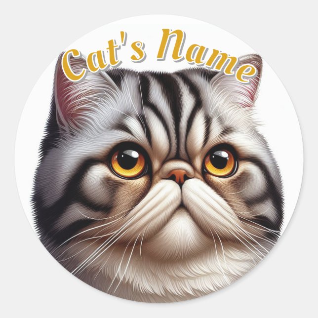 Pretty Grey Tabby Persian Cat • Personalised Classic Round Sticker (Front)