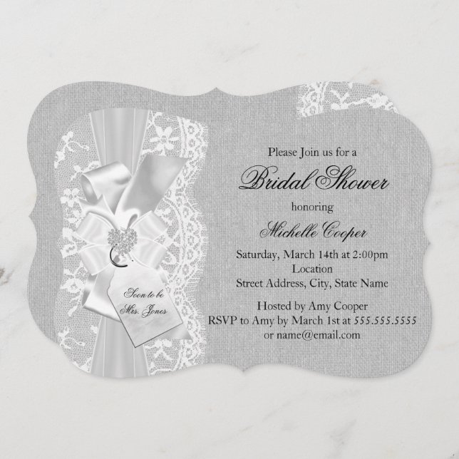 Pretty Grey Vintage Lace & Burlap Bridal Shower Invitation (Front/Back)