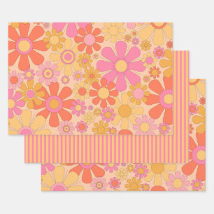 Pretty Groovy Retro Floral and Stripes Pink Yellow Wrapping Paper Sheet