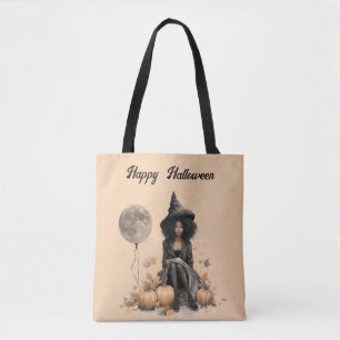 Pretty Halloween Witch and Full Moon Balloon Tote Bag