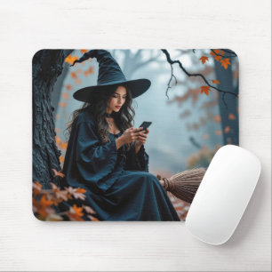 Pretty Halloween Witch Texting on a Cell Phone Mouse Pad