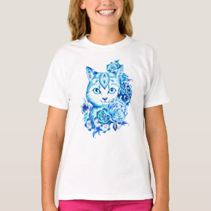 Pretty Hand Drawn 10 Blue Shades Cat Girls Tshirt
