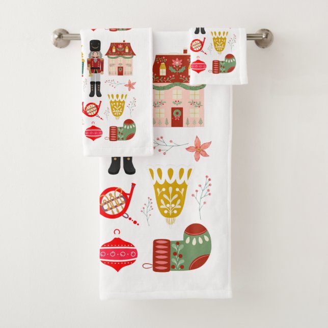 Pretty hand drawn folk art and nutcracker pattern bath towel set (Insitu)