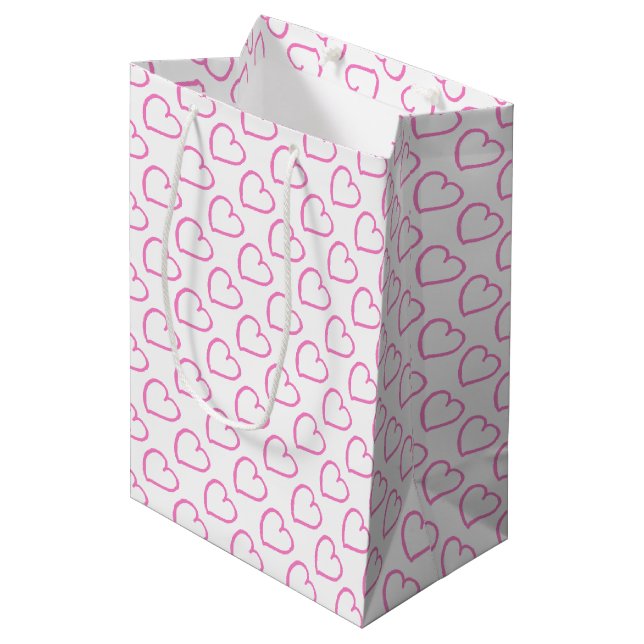 Pretty hand drawn hearts design pink on white medium gift bag (Front Angled)