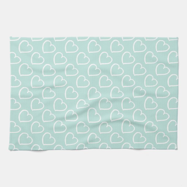 Pretty hand drawn hearts design white on blue tea towel (Horizontal)