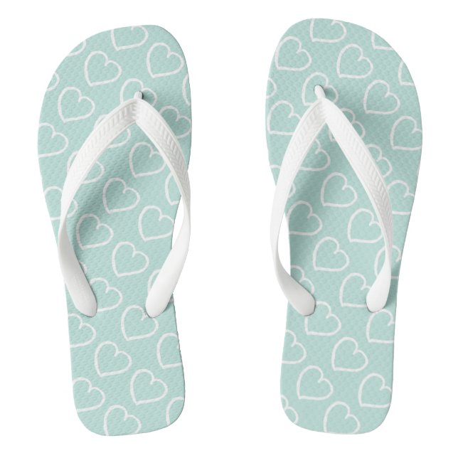 Pretty hand drawn hearts design white on blue thongs (Footbed)