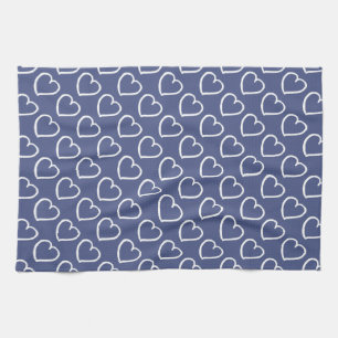Pretty hand drawn hearts design white on dark blue tea towel