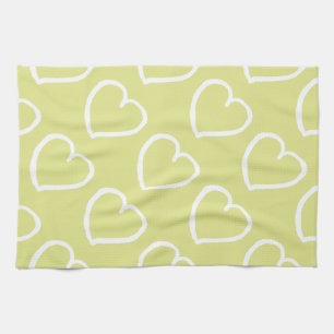 Pretty hand drawn hearts design white on green tea towel