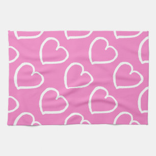 Pretty hand drawn hearts design white on pink tea towel