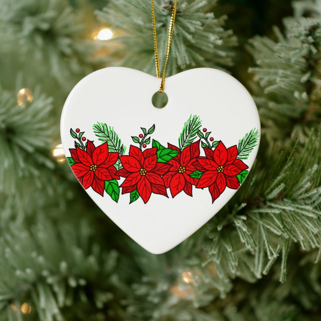Pretty Hand drawn Poinsettias Personalised Ceramic Ornament (Tree)
