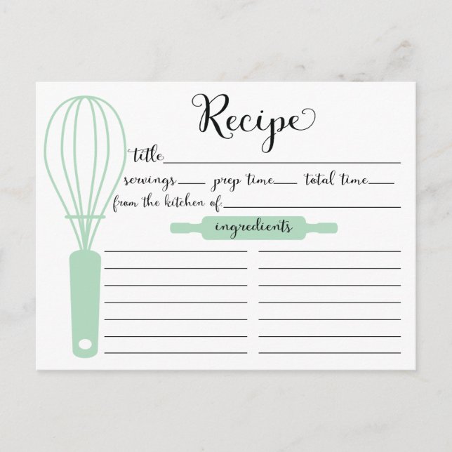 Pretty Hand Lettered Mint Green Whisk Recipe Card (Front)