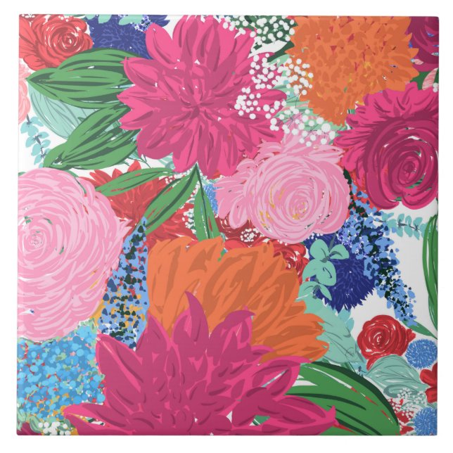 Pretty Hand Painted Colorful Flowers Ceramic Tile (Front)