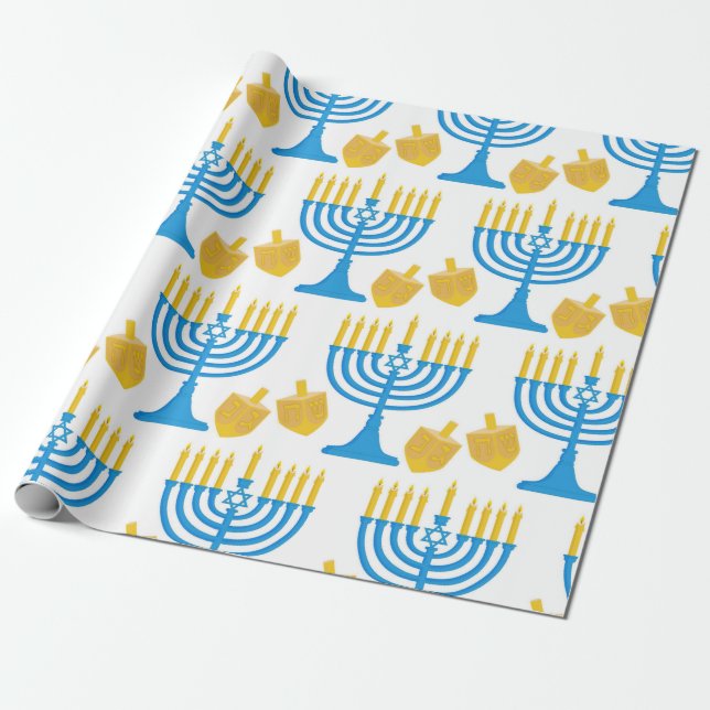 Pretty Hanukkah Blue and Gold Wrapping Paper (Unrolled)