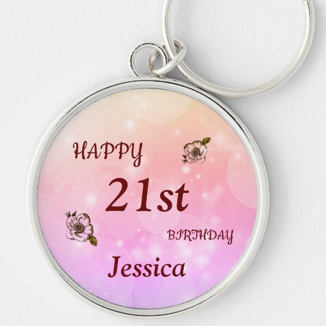 Pretty Happy 21st Birthday Personalized Key Ring (Front)
