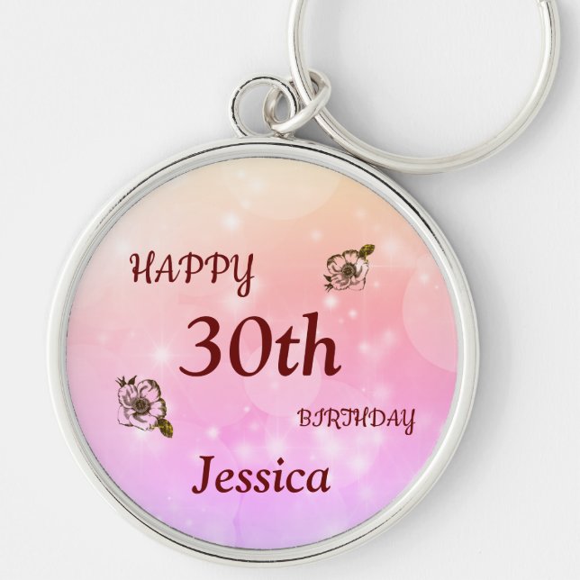 Pretty Happy 30th Birthday Personalized Key Ring (Front)