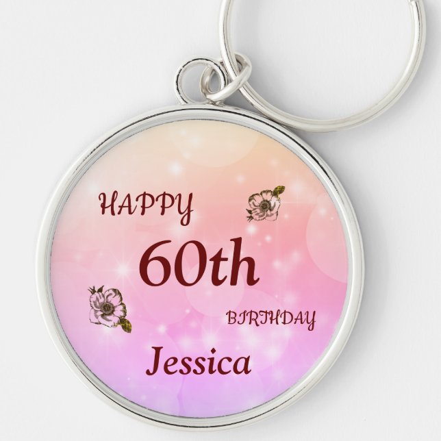 Pretty Happy 60th Birthday Personalized Key Ring (Front)
