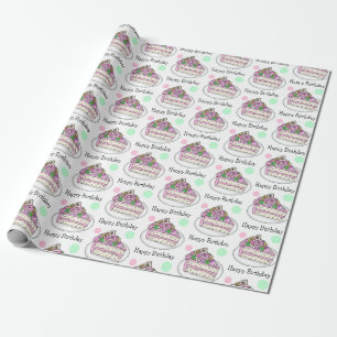Pretty Happy Birthday   Birthday Cake Flowers  Wrapping Paper