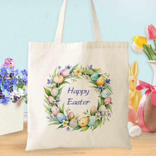 Pretty Happy Easter Eggs Spring Wreath Monogrammed Tote Bag (A pretty Easter tote bag with Easter eggs wreath and 'Happy Easter' greeting)