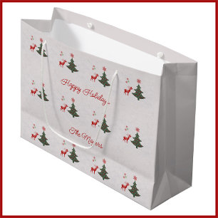 Pretty Happy Holidays Christmas Tree and Deer Large Gift Bag