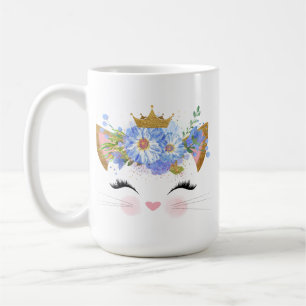 Pretty Happy Kitty Blue Floral Gold Crown Coffee Mug
