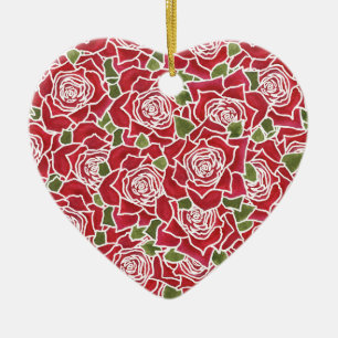 Pretty Heart-shaped Ornament: Red Roses Pattern Ceramic Tree Decoration