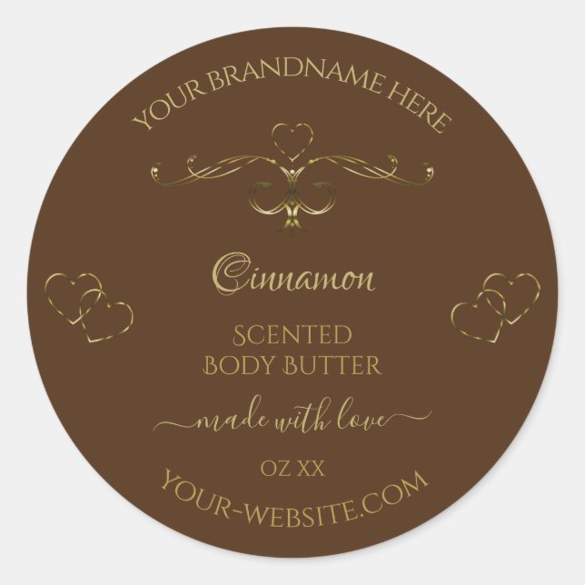 Pretty Hearts Decorative Gold Scrollwork on Brown  Classic Round Sticker (Front)