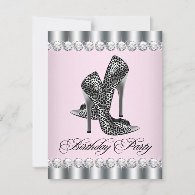 Pretty High Heel Shoes Pink Leopard Birthday Party Invitation (Front)